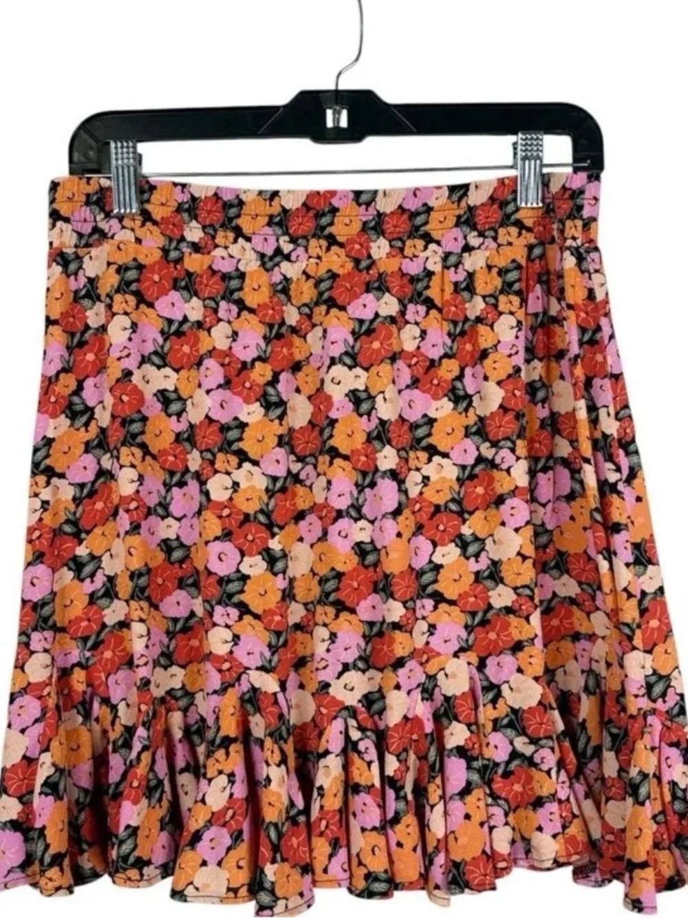 0158 Loft Black Mini Skirt with Pink, Orange & Red Floral Print